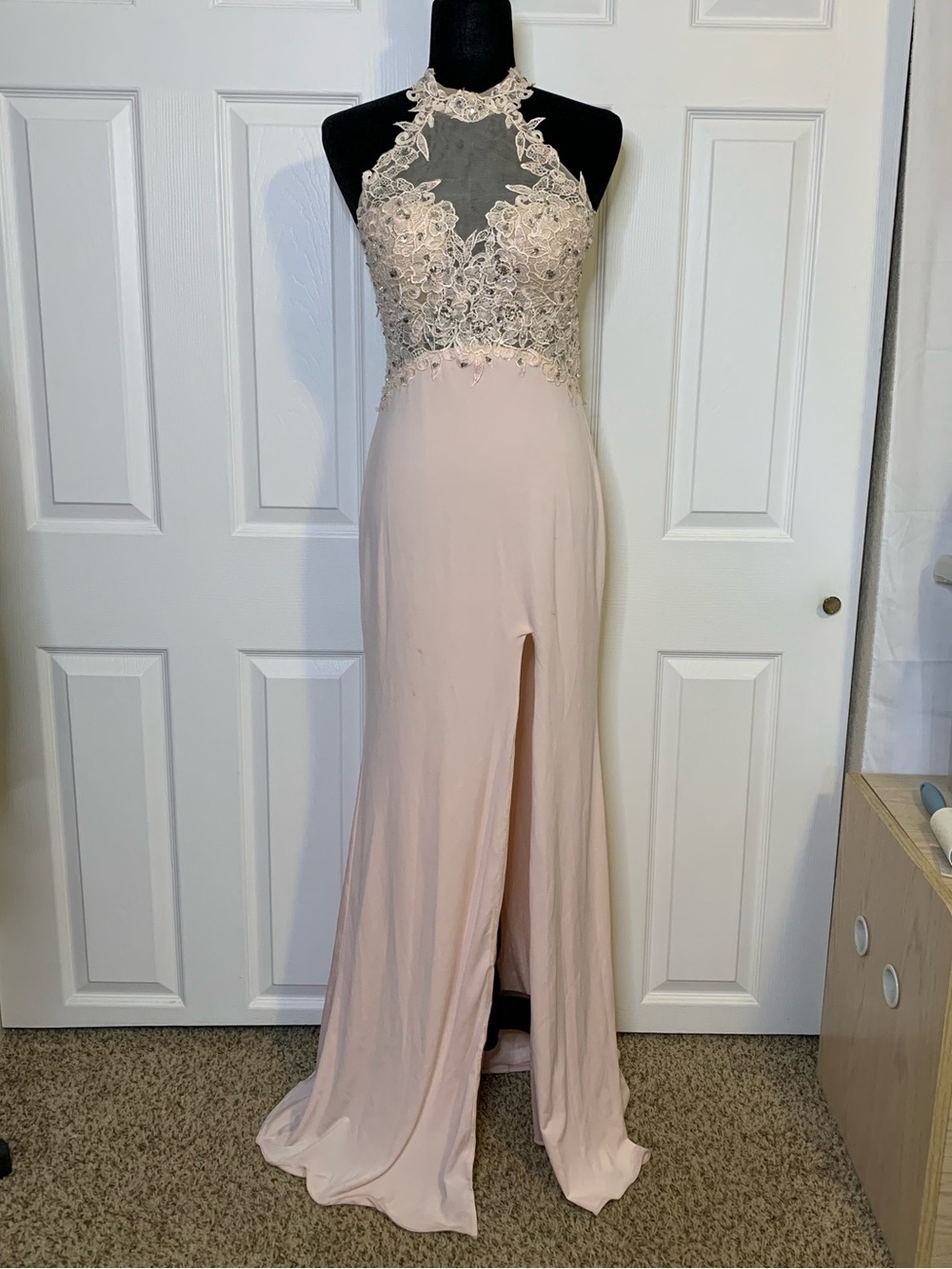 JJ's House Pink Lace Sequence Mesh Halter Neck Maxi Dress